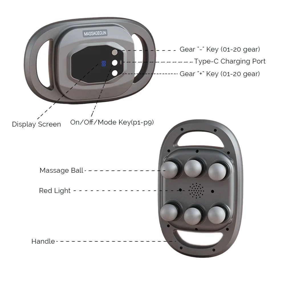 Masaje Profundo – Pistola Masajeadora con 6 Cabezales y 20 Velocidades